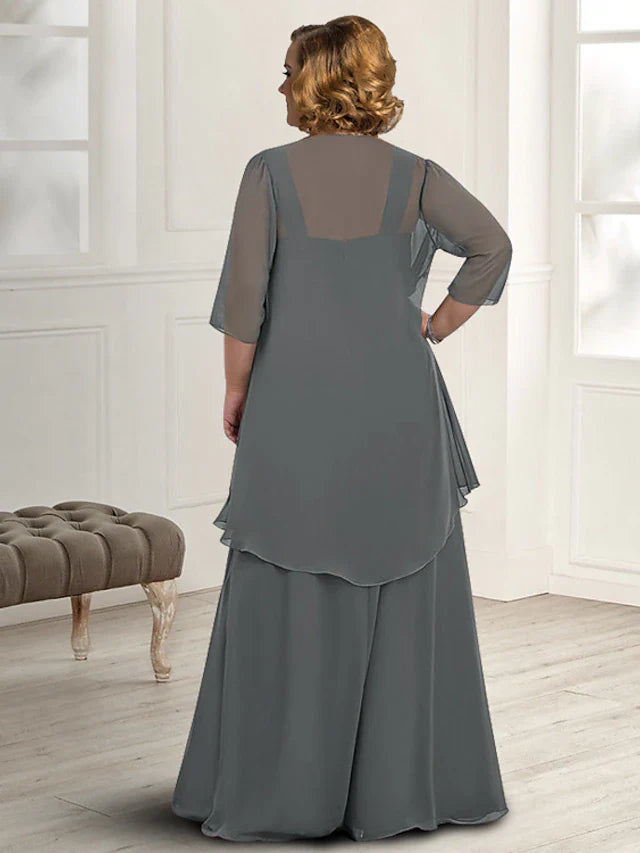 Wholesale Two Piece A-Line Mother of the Bride Dress Plus Size Elegant Square Neck Floor Length Chiffon Sleeveless Jacket Dresses with Pleats
